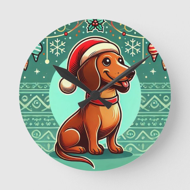 Festive Dachshund Wearing Santa Hat Round Clock (Front)