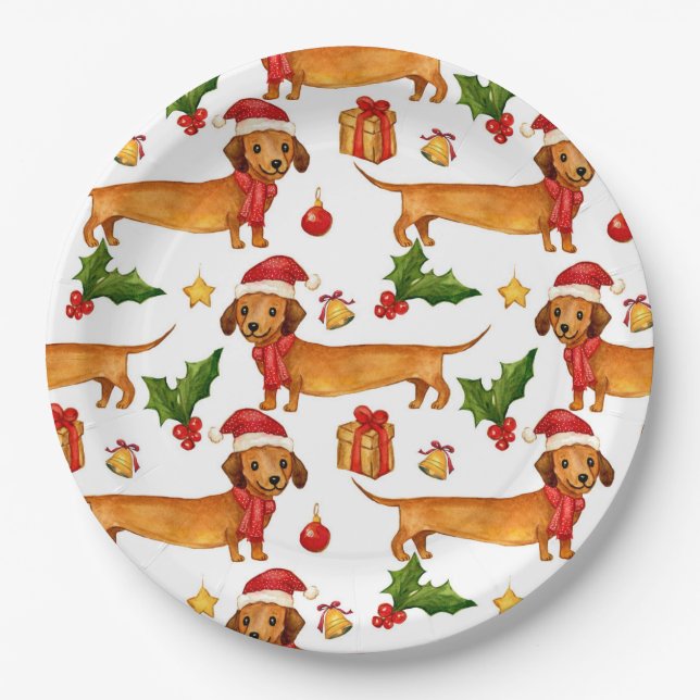 Festive dachshunds Christmas pattern Paper Plate (Front)