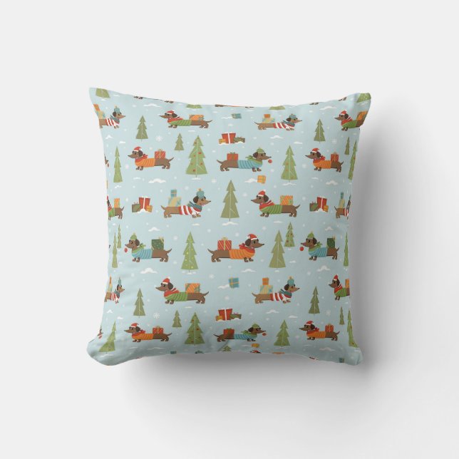 Festive Dachshunds in the Snow Pattern Cushion (Front)