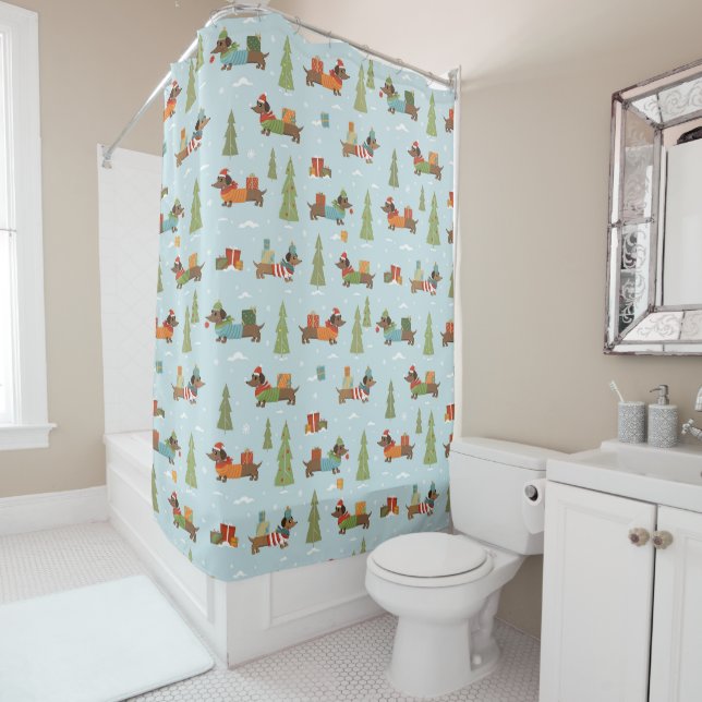 Festive Dachshunds in the Snow Pattern Shower Curtain (In Situ)