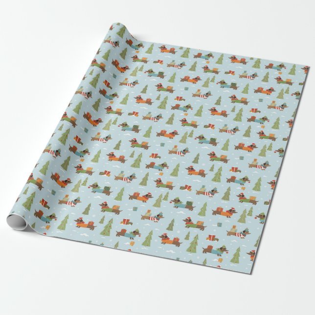 Festive Dachshunds in the Snow Pattern Wrapping Paper (Unrolled)