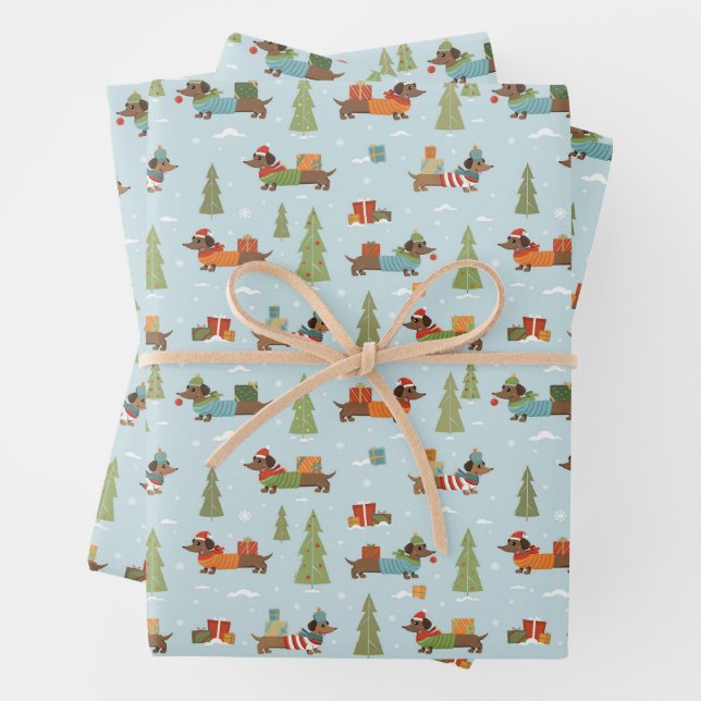 Festive Dachshunds in the Snow Pattern Wrapping Paper Sheet (In situ)