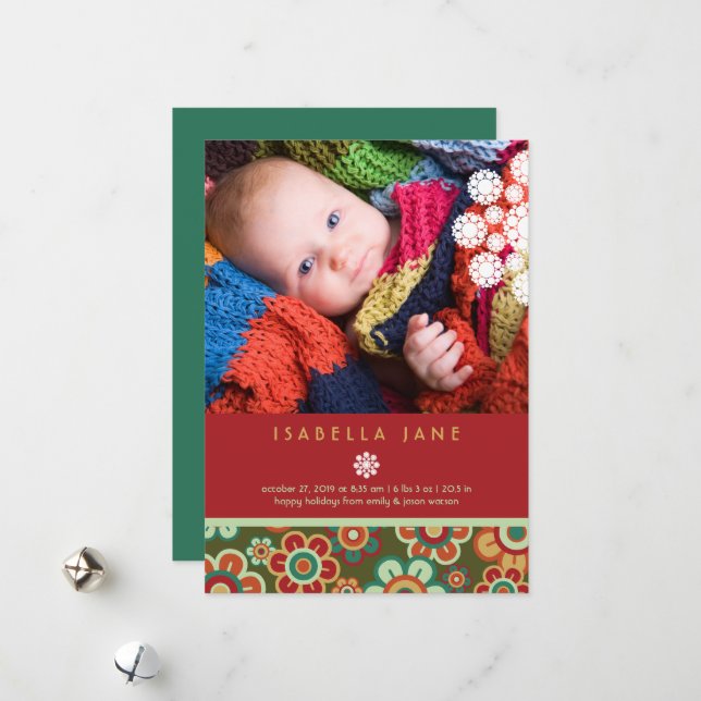 Festive Daisies Holiday Photo Birth Announcement (Front/Back In Situ)