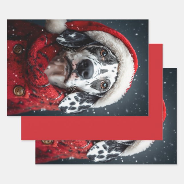 Festive Dalmatian in Santa Attire Wrapping Paper Sheet (Set)