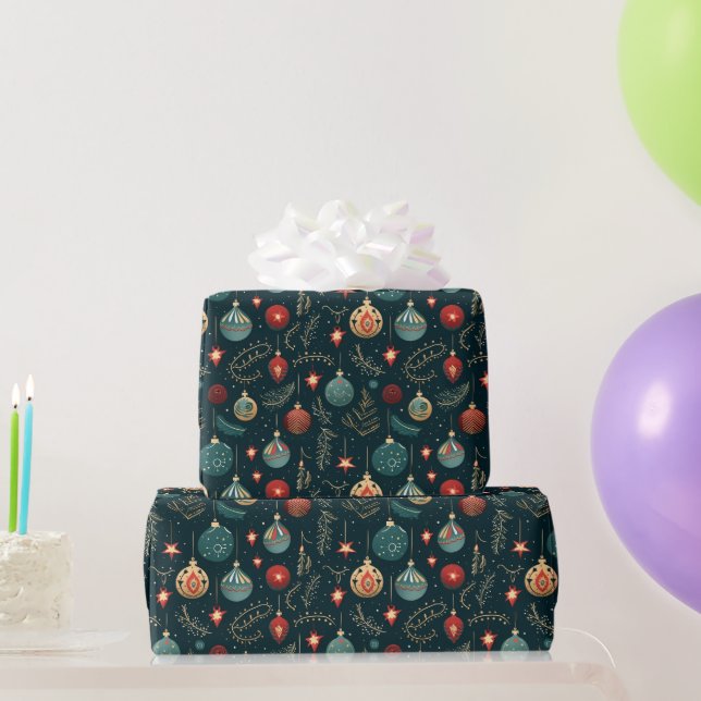 Festive Dark Christmas Ornaments Pattern Gift Wrapping Paper (Party Gifts)