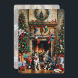 Festive decorated room, fireplace, cats, vintage<br><div class="desc">This Christmas card features two cats in front of a fireplace in a festively decorated living room. Vintage look. Send Christmas greetings to your friends and family. Custom text and back.</div>