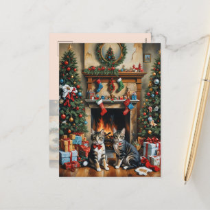 Festive decorated room, fireplace, cats, vintage  holiday postcard