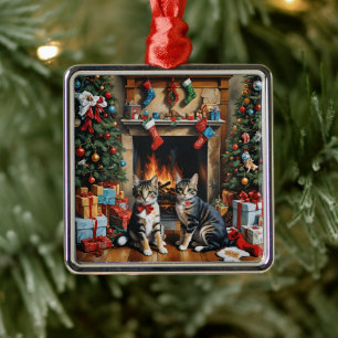 Festive decorated room, fireplace, cats, vintage metal ornament