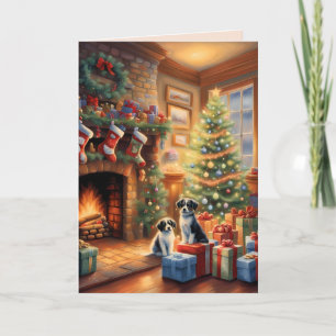 Festive decorated room, fireplace, dogs, vintage card