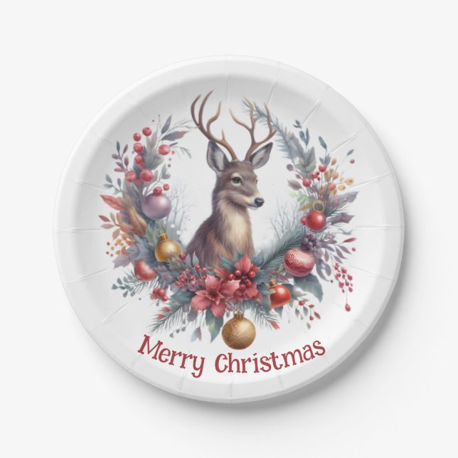 Festive Deer in a Holiday Wreath 2 -  Paper Plate (Front)