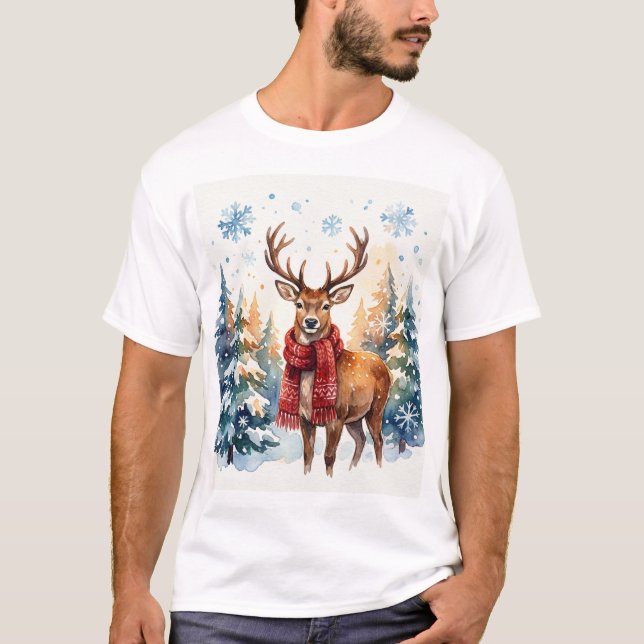 Festive Deer in Snowy Forest T-Shirt (Front)