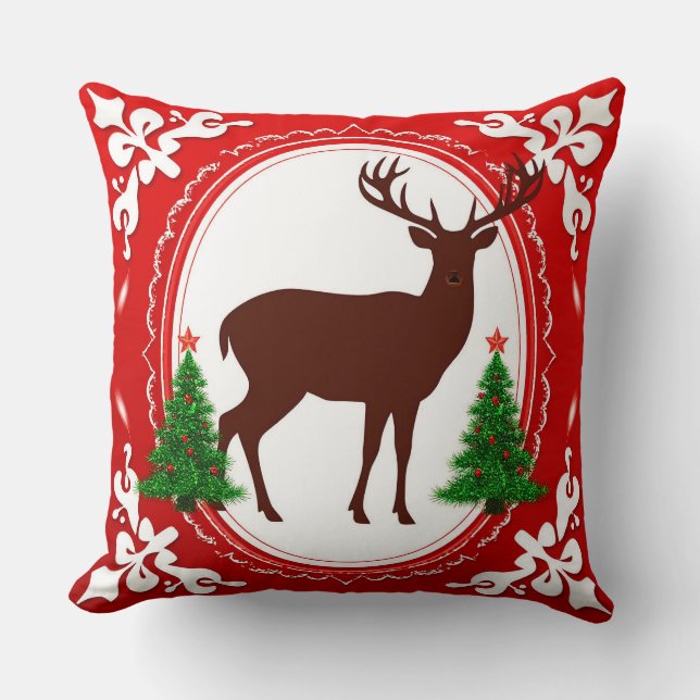 Festive Deer Silhouette with Christmas Trees Cushion (Front)