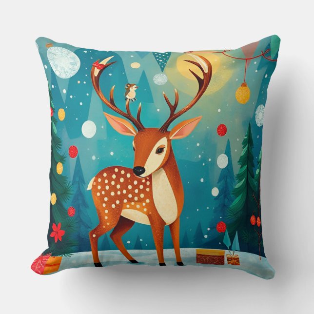 🎄 Festive Deer Winter Glow ❄️ Snowy Forest Holida Cushion (Front)
