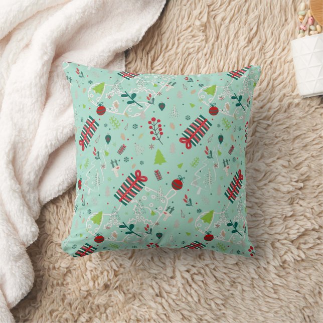 Festive Design with Trees, Reindeer & Snowflakes Cushion (Blanket)