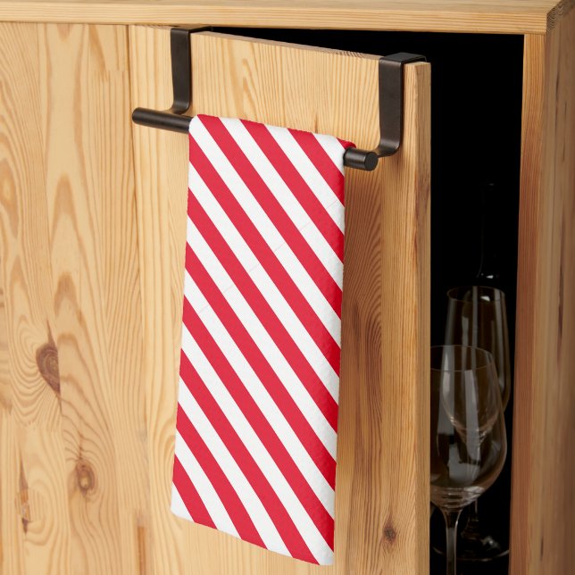 Festive Diagonal White and Red Striped  Tea Towel (Thirds Fold)