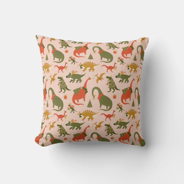 Festive Dinosaur Christmas Tree Holiday Pattern Cushion (Front)