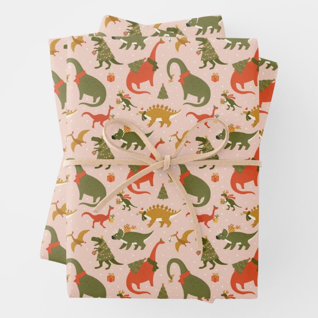 Festive Dinosaur Christmas Tree Holiday Pattern Wrapping Paper Sheet (In situ)