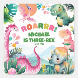 Festive Dinosaur Dig Prehistoric Kids 3rd Birthday Square Sticker