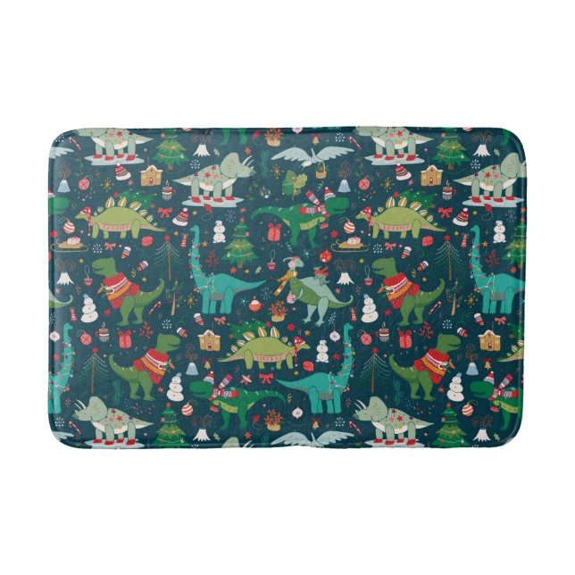Festive Dinosaurs Christmas Pattern Bath Mat (Front)