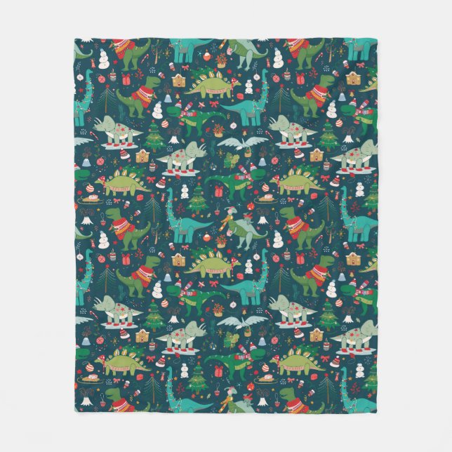 Festive Dinosaurs Christmas Pattern Fleece Blanket (Front)