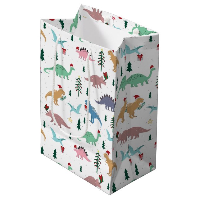 Festive Dinosaurs Christmas Pattern Medium Gift Bag (Front Angled)