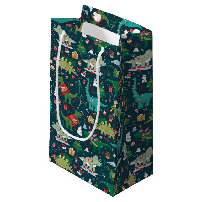 Festive Dinosaurs Christmas Pattern Small Gift Bag (Front Angled)