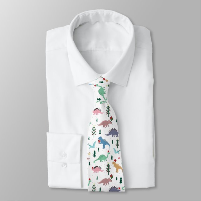 Festive Dinosaurs Christmas Pattern Tie (Tied)