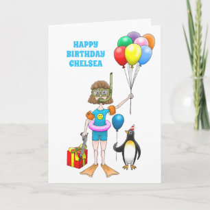 Festive diver girl and penguin card