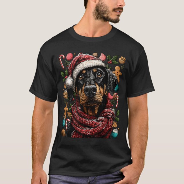 Festive Doberman With Santa Hat Snowy Winter Chris T-Shirt (Front)