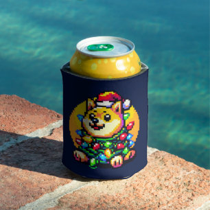 Festive Dog - Cute Pixel Art Christmas Lights Can Cooler