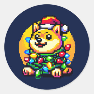 Festive Dog - Cute Pixel Art Christmas Lights Classic Round Sticker