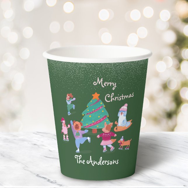 Festive Dog Ice Skating Name Green Christmas Party Paper Cups (Creator Uploaded)