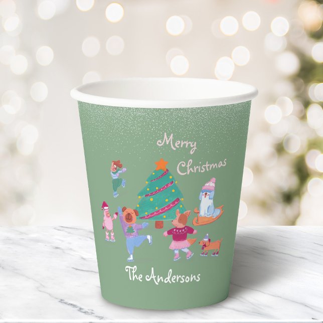 Festive Dog Ice Skating Name Pistachio Green Xmas Paper Cups (Creator Uploaded)