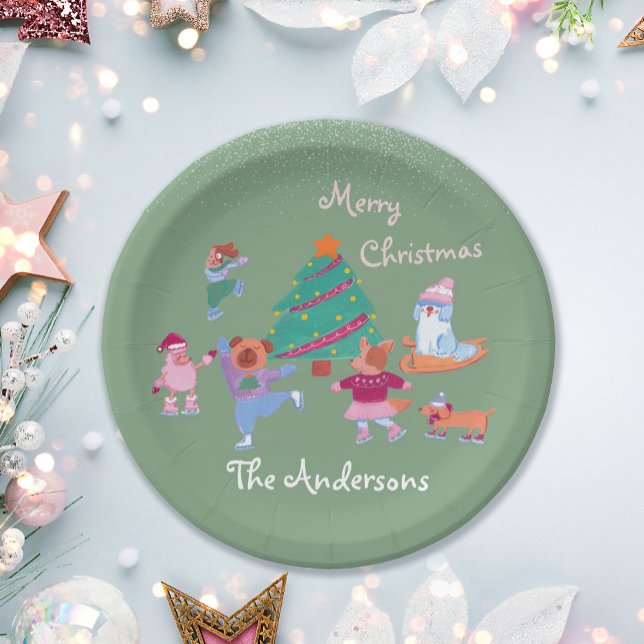 Festive Dog Ice Skating Name Pistachio Green Xmas Paper Plate (Creator Uploaded)