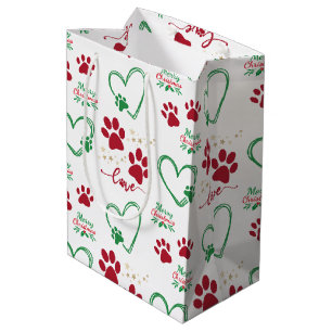 Festive DOG PAW PRINTS and LOVE HEARTS Christmas Medium Gift Bag