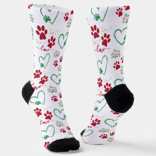 Festive DOG PAW PRINTS and LOVE HEARTS Christmas Socks