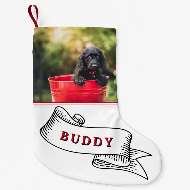 Festive Dog Photo and Name Ribbon Small Christmas Stocking (Front)