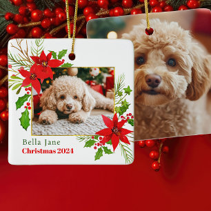 Festive Dog Photo Christmas Red Poinsettia Floral Ceramic Ornament