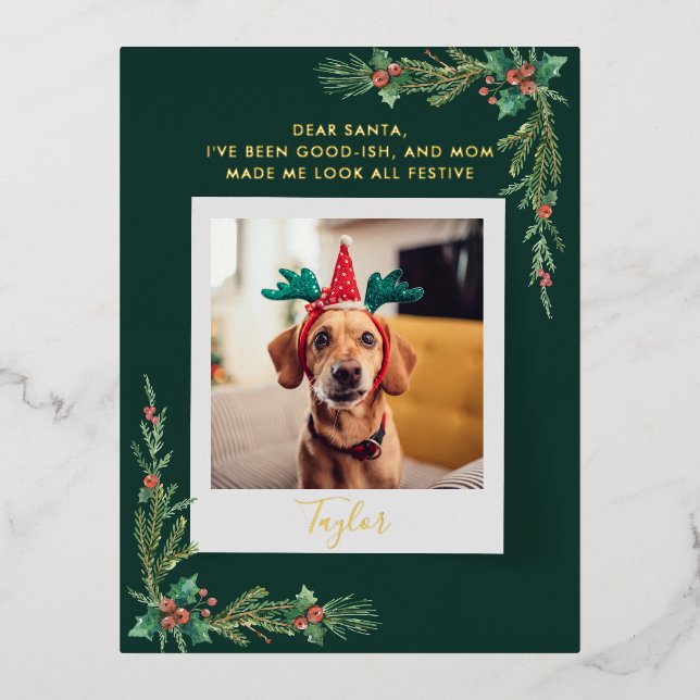 Festive Dog Photo Custom Christmas Foil Holiday Postcard (Front)