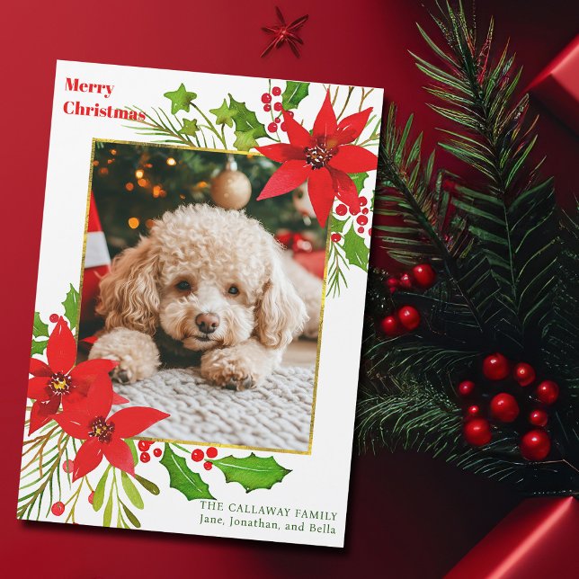 Festive Dog Photo Red Christmas Poinsettia Magnet (Creator Uploaded)
