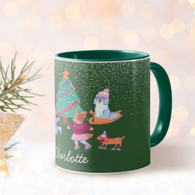 Festive Dogs Ice Skating Christmas Green Name Mug (Creator Uploaded)