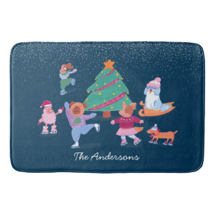 Festive Dogs Ice Skating Dark Blue Christmas Bath Mat