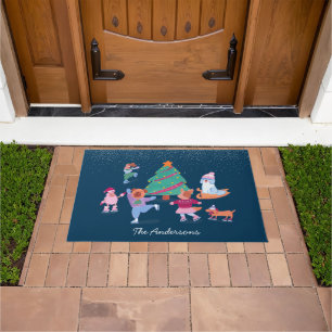 Festive Dogs Ice Skating Dark Blue Christmas Doormat