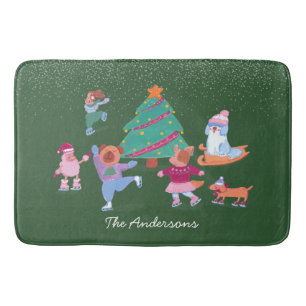 Festive Dogs Ice Skating Green Christmas Bath Mat