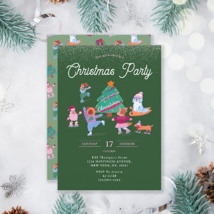 Festive Dogs Ice Skating Green Christmas Party Invitation
