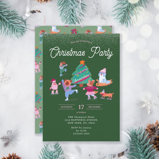 Festive Dogs Ice Skating Green Christmas Party Invitation (Creator Uploaded)