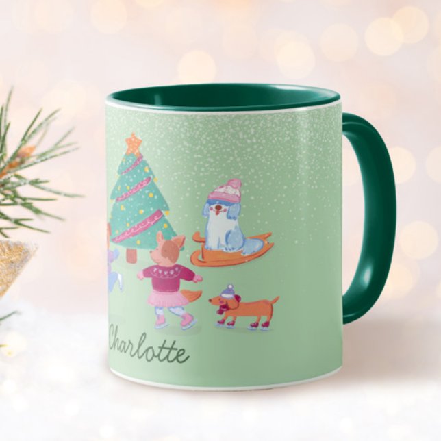 Festive Dogs Ice Skating Pistachio Green Christmas Mug (Creator Uploaded)