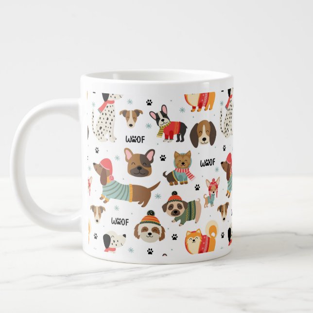 Festive Dogs in Holiday Sweaters Pattern Large Coffee Mug (Left)