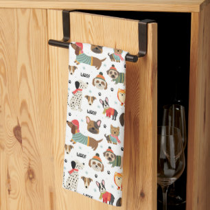 Festive Dogs in Holiday Sweaters Pattern Tea Towel