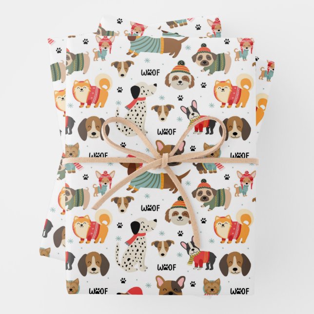 Festive Dogs in Holiday Sweaters Pattern Wrapping Paper Sheet (In situ)